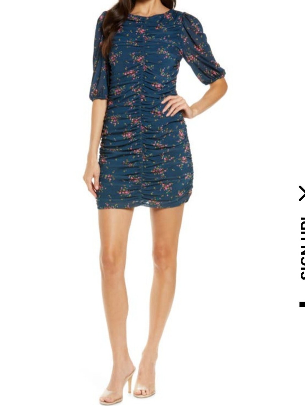 Charles Henry Floral Ruched Minidress in Navy Bouquet Size XS